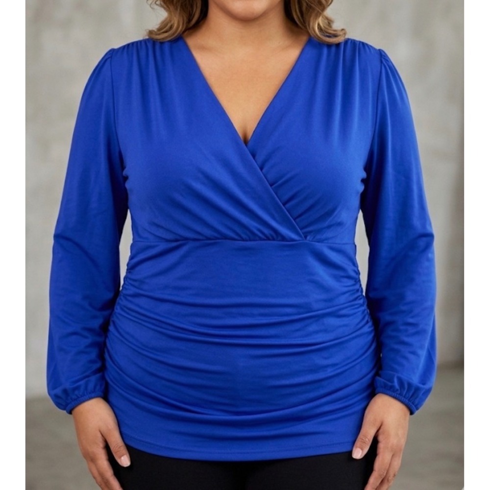 Grace Karin Royal Blue Surplice V-Neck Ruched Blouse Long Puff Sleeve 2XL NWT